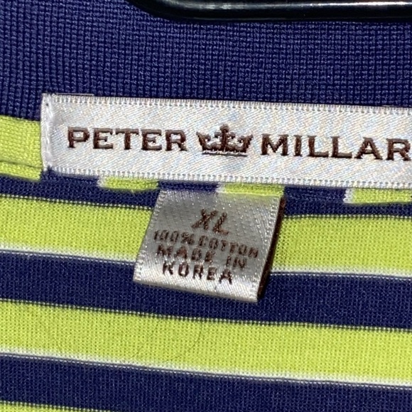 Peter Millar MENS size XL Blue and Yellow Polo Shirt Sporty Stripes Clean - Picture 2 of 9